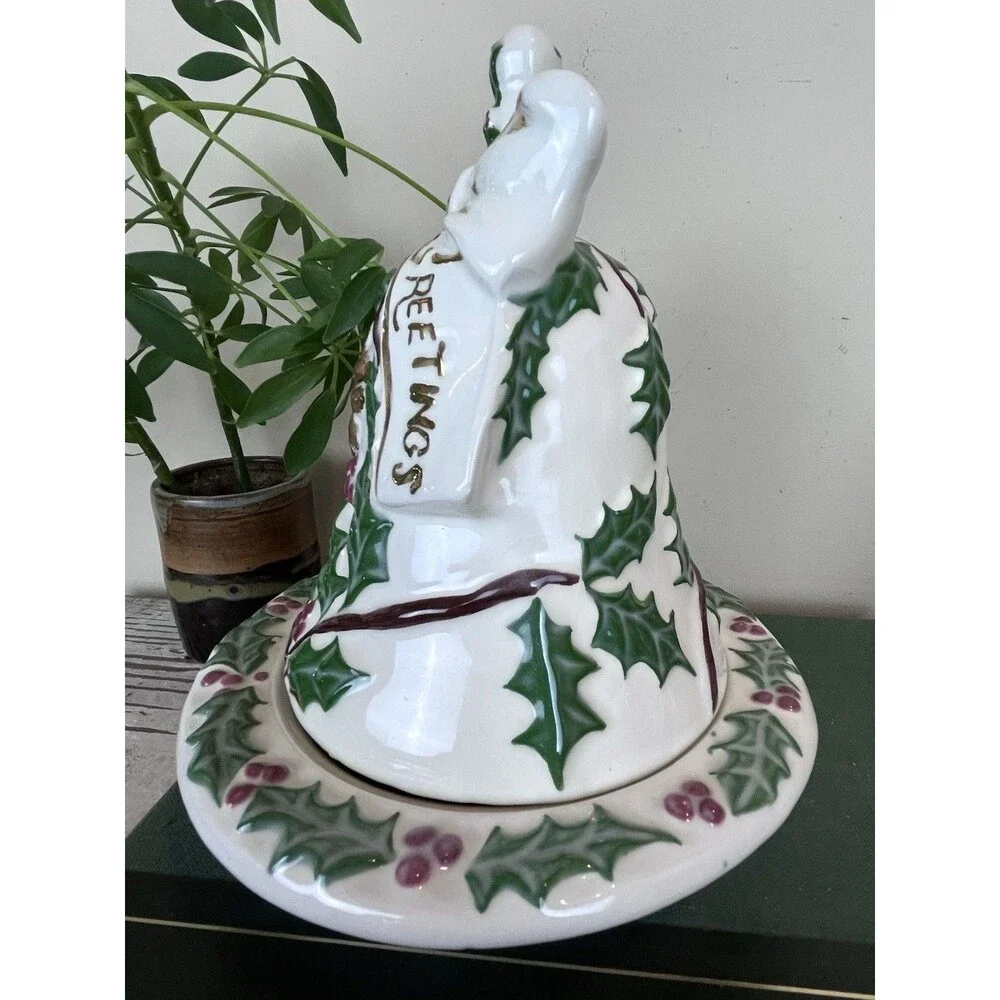 Vintage Hand Painted Christmas Ceramic White Bell Butter/Candy Dish Bow Holly